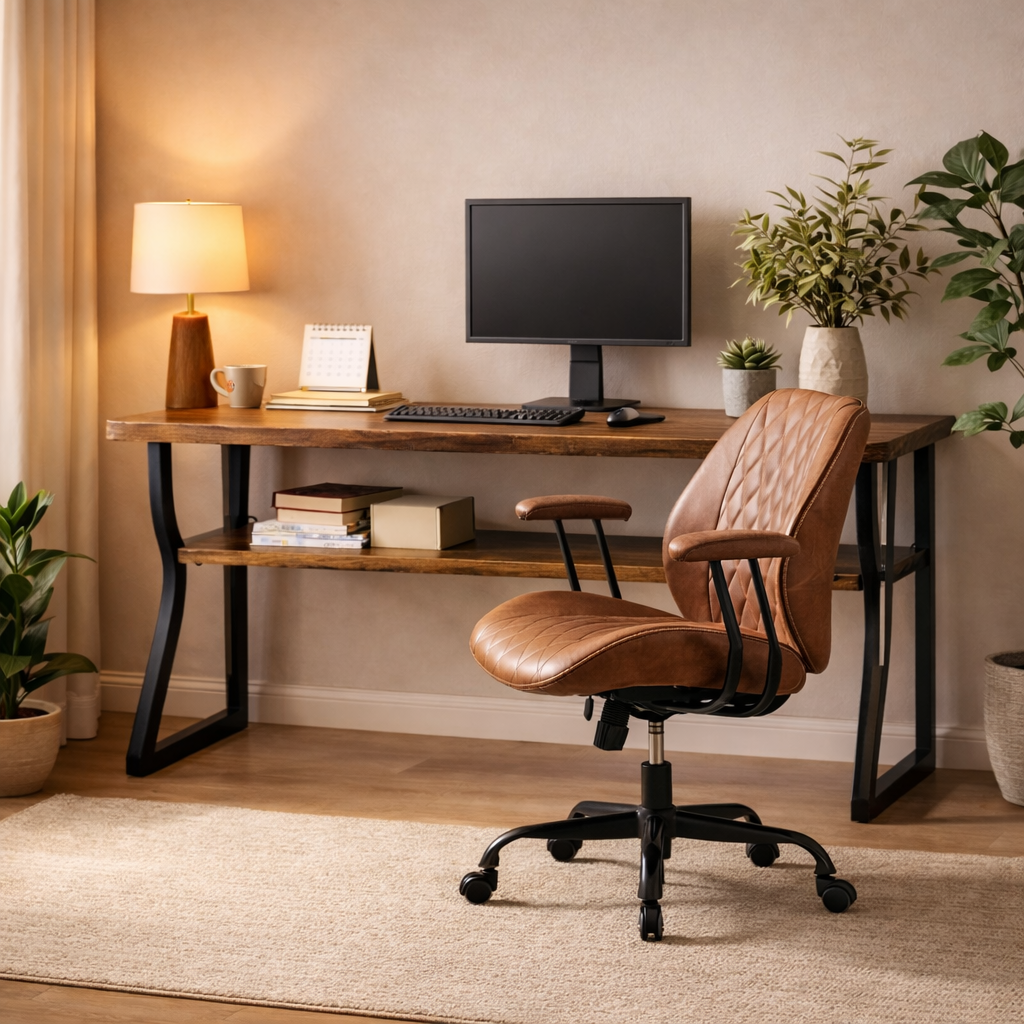 47 Inch Brown Computer Desk with Storage Shelf and Ergonomic Office Chair Set-2