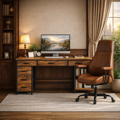 47 Inch Rustic Brown Desk Ergonomic Chair Storage Solution-0