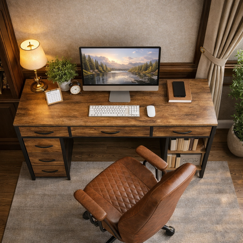 47 Inch Rustic Brown Desk Ergonomic Chair Storage Solution-1