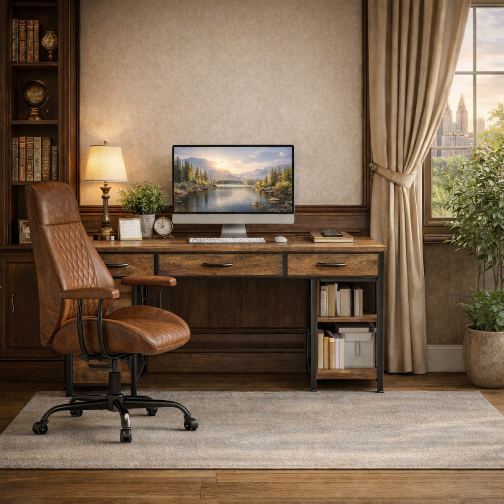 47 Inch Rustic Brown Desk Ergonomic Chair Storage Solution-2