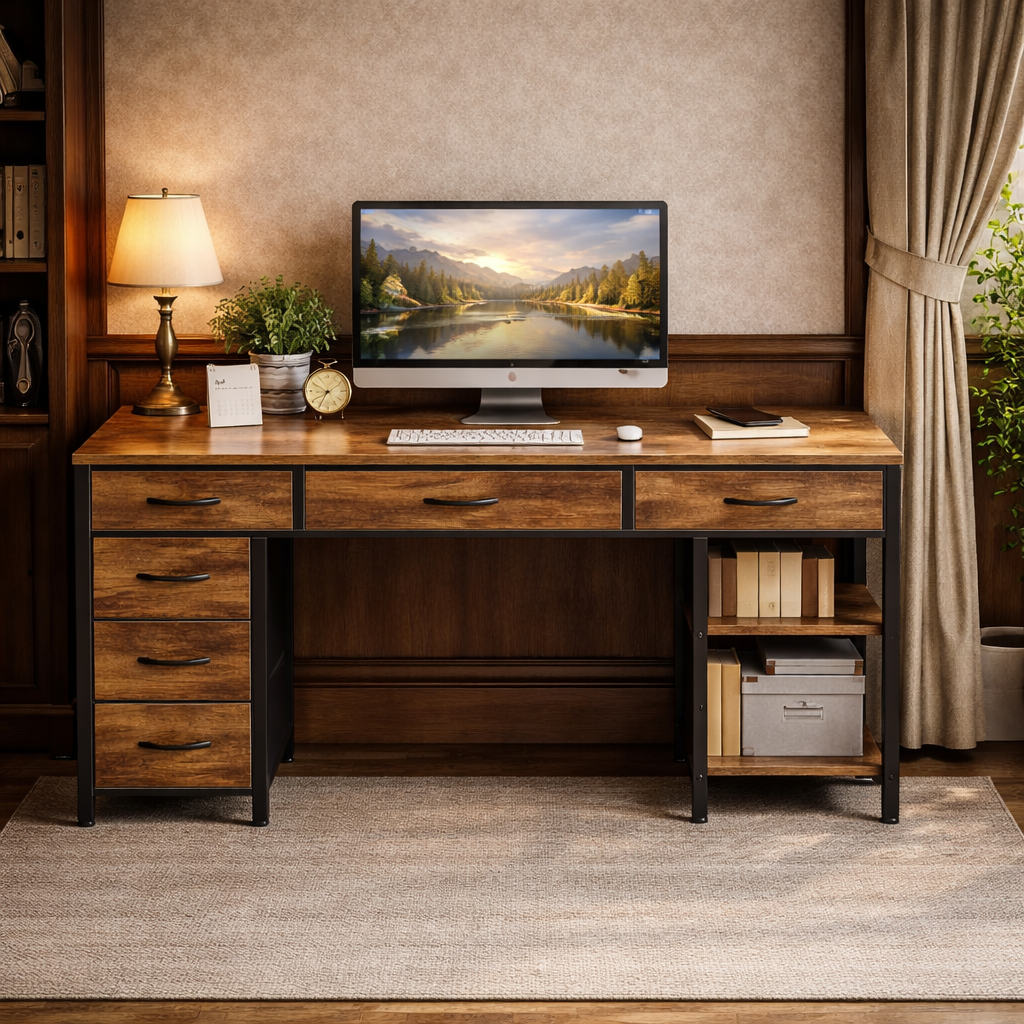 47 Inch Rustic Brown Desk Ergonomic Chair Storage Solution-3