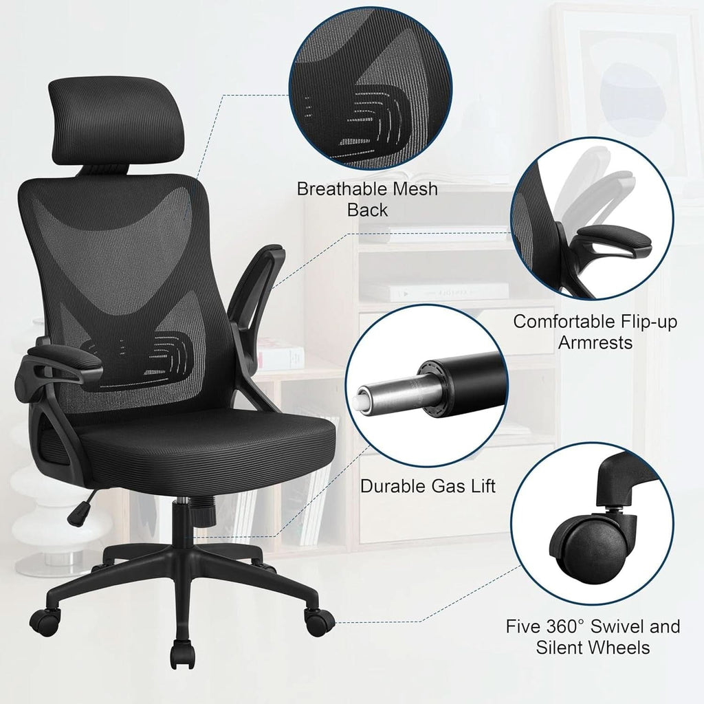 Black Ergonomic Office Chair With Adjustable Headrest And Flip Up Armrests-4