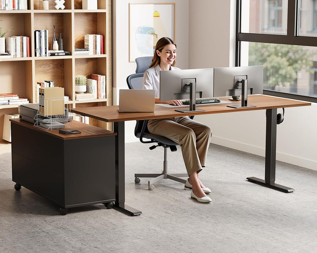 Fifty Five Inch LShaped Walnut Height Adjustable Desk With Storage-1