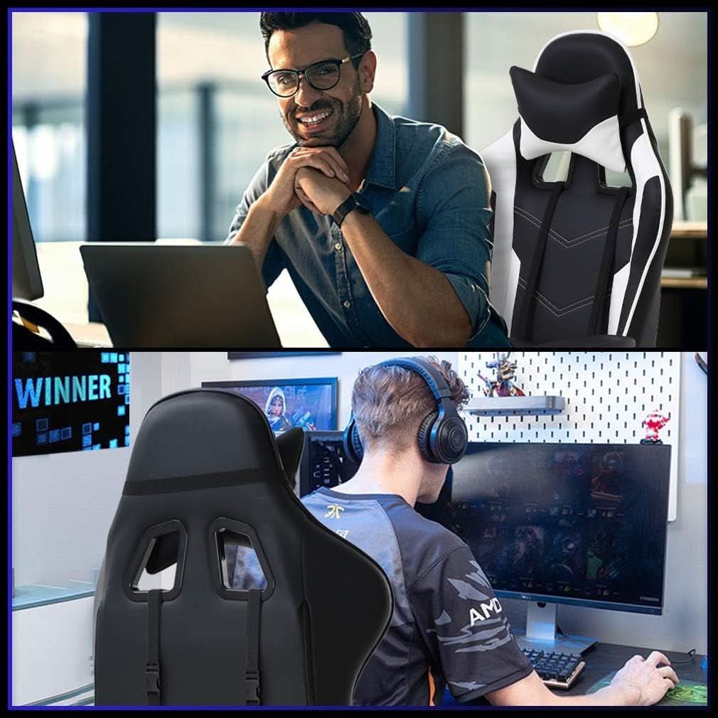 Ergonomic Gaming Chair With Lumbar Support Footrest White-3