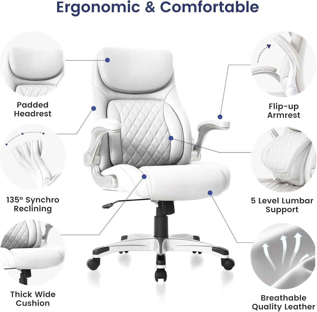 Ergonomic Office Chair With Adjustable Lumbar Support White-2