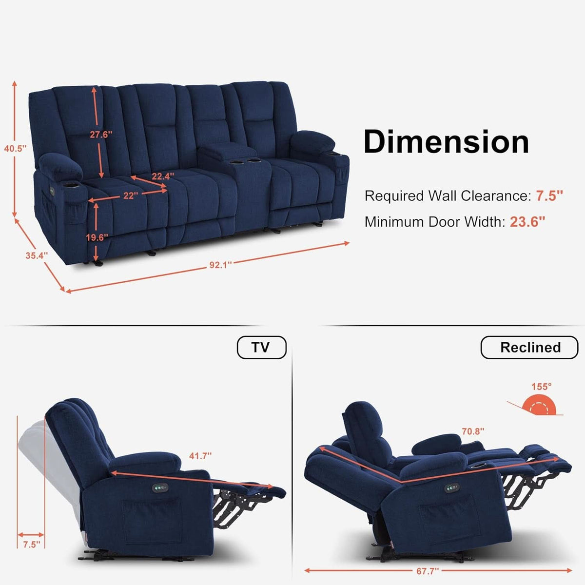 Navy Ultra Premium Zero Gravity Massage Recliner Sofa-2