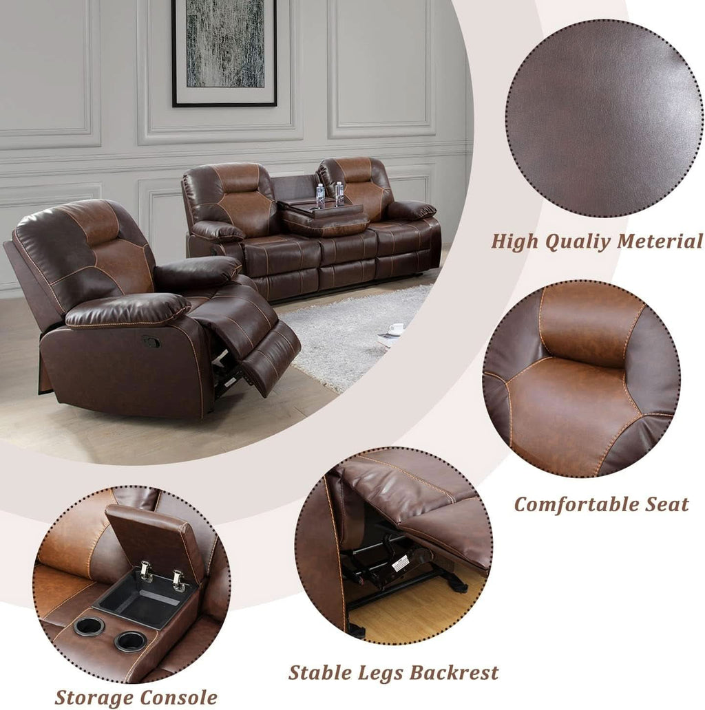 Manual Recliner Sofa Set Bonded Leather With Storage Console Brown 3 Piece-1