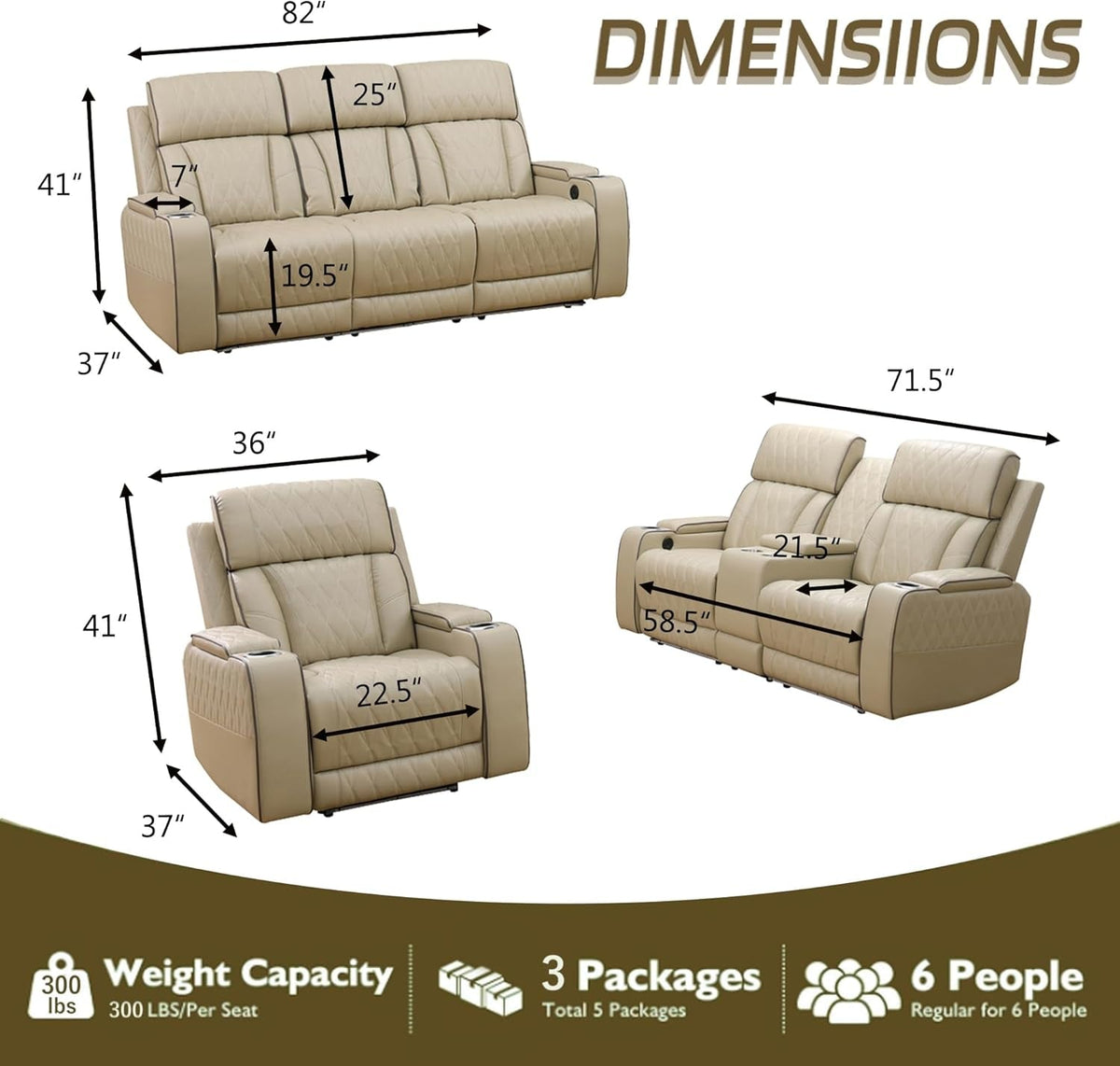 Khaki Premium Quality Leather Power Recliner Sofa USB Port-1