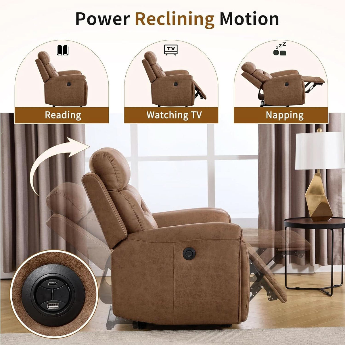 Premium Three Seater Faux Leather Electric Recliner Brown-3