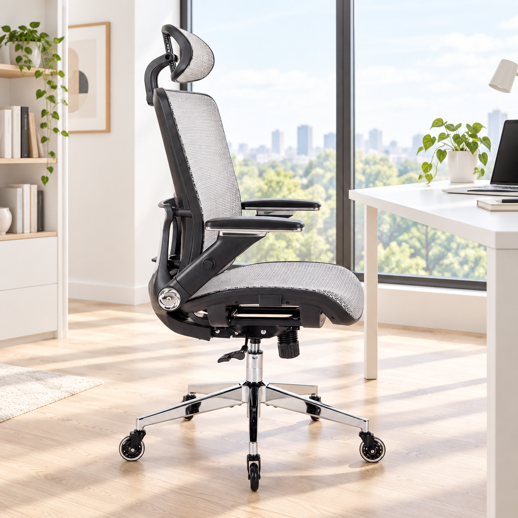 Gray High-Back Mesh Office Chair — Flip-Up Arms, Adjustable Headrest, 275 lb Capacity