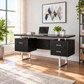 Black and silver computer desk with 3 drawers in a bright home office