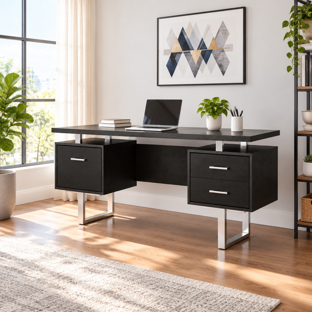 Black and silver computer desk with 3 drawers in a bright home office