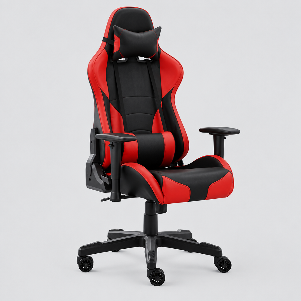 Black and red racing-style gaming chair studio photo