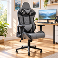 Gray and black racing-style gaming chair in a sunny home office