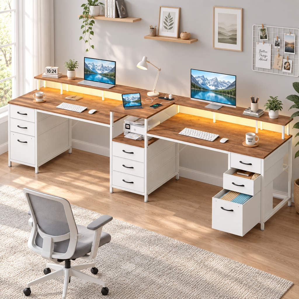 Brown and white two-person desk with monitor stand in a bright home study