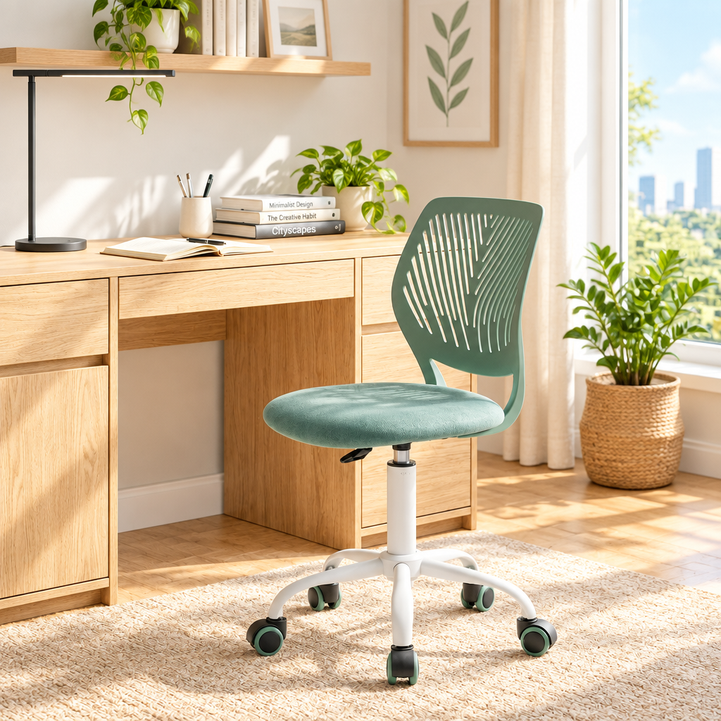 Teal office chair with molded backrest in a sunny home office