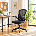Black mesh-back swivel office chair in a sunny home office