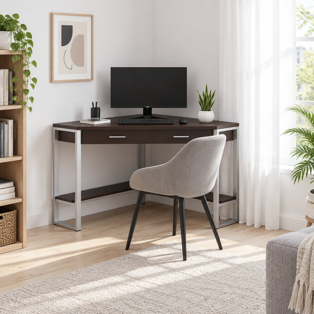Dark brown and silver corner computer desk set up as a workspace in a bright living room