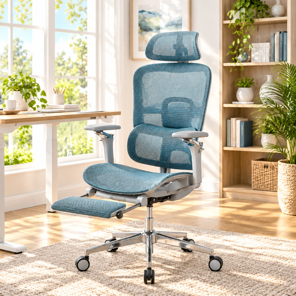 Teal blue ergonomic mesh gaming chair with footrest in a sunny home office