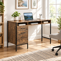 Medium brown wood writing desk with drawers and shelves in a bright home office