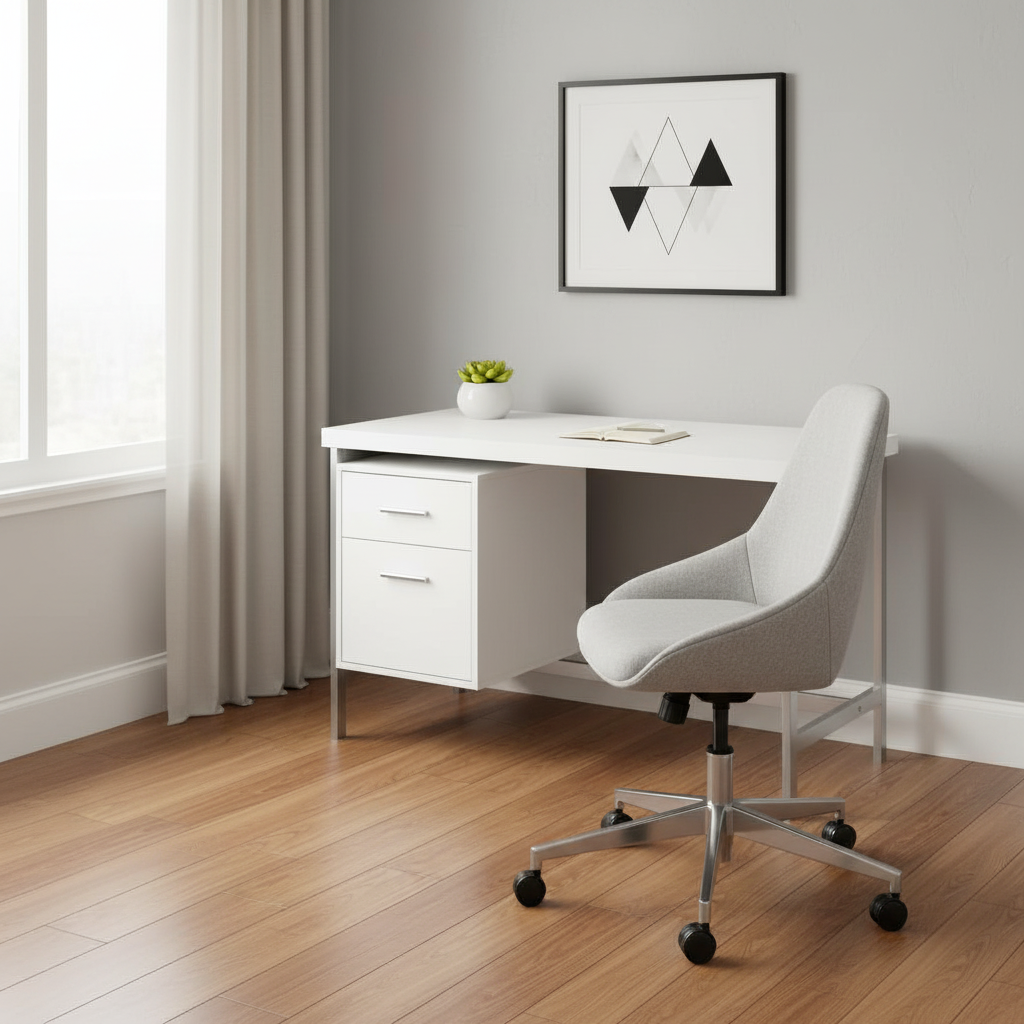 White and silver computer desk with 2 drawers in a bright home office