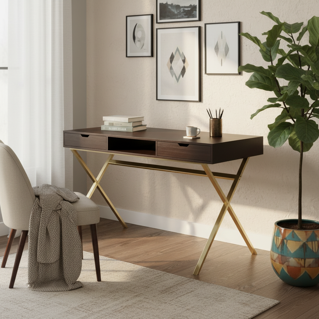 Dark brown and gold computer desk with 2 drawers in a modern home office
