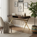 Dark brown and gold computer desk with 2 drawers in a modern home office