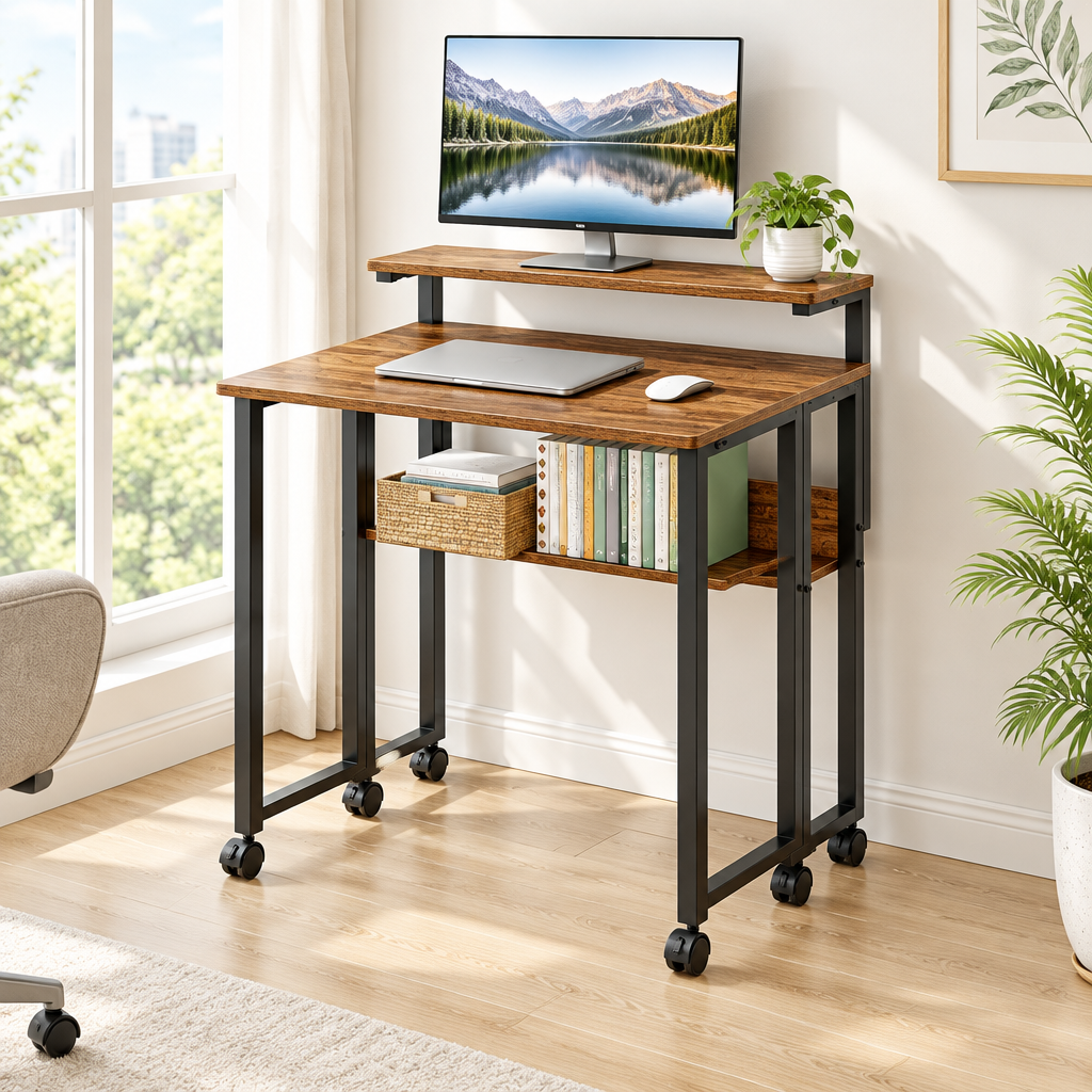 Walnut foldable desk with adjustable monitor stand in a bright home office