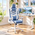 Blue and white racing-style gaming chair in a sunny home office