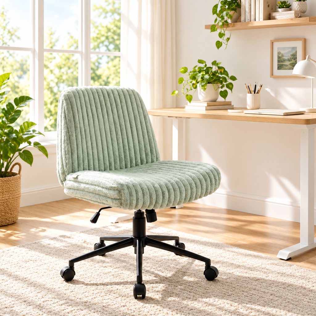Sage green faux fur gaming chair with black base in a sunny home office