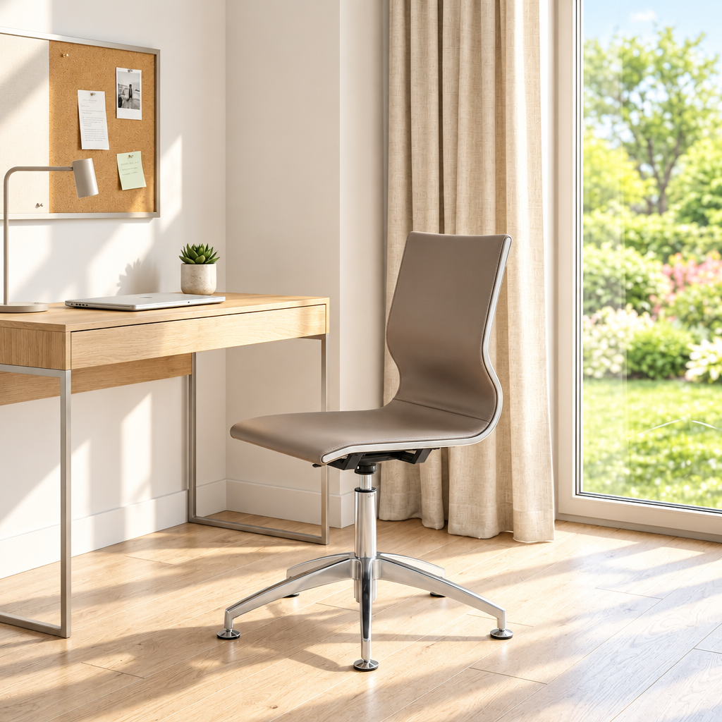Taupe faux leather conference chair with silver base in a sunny office