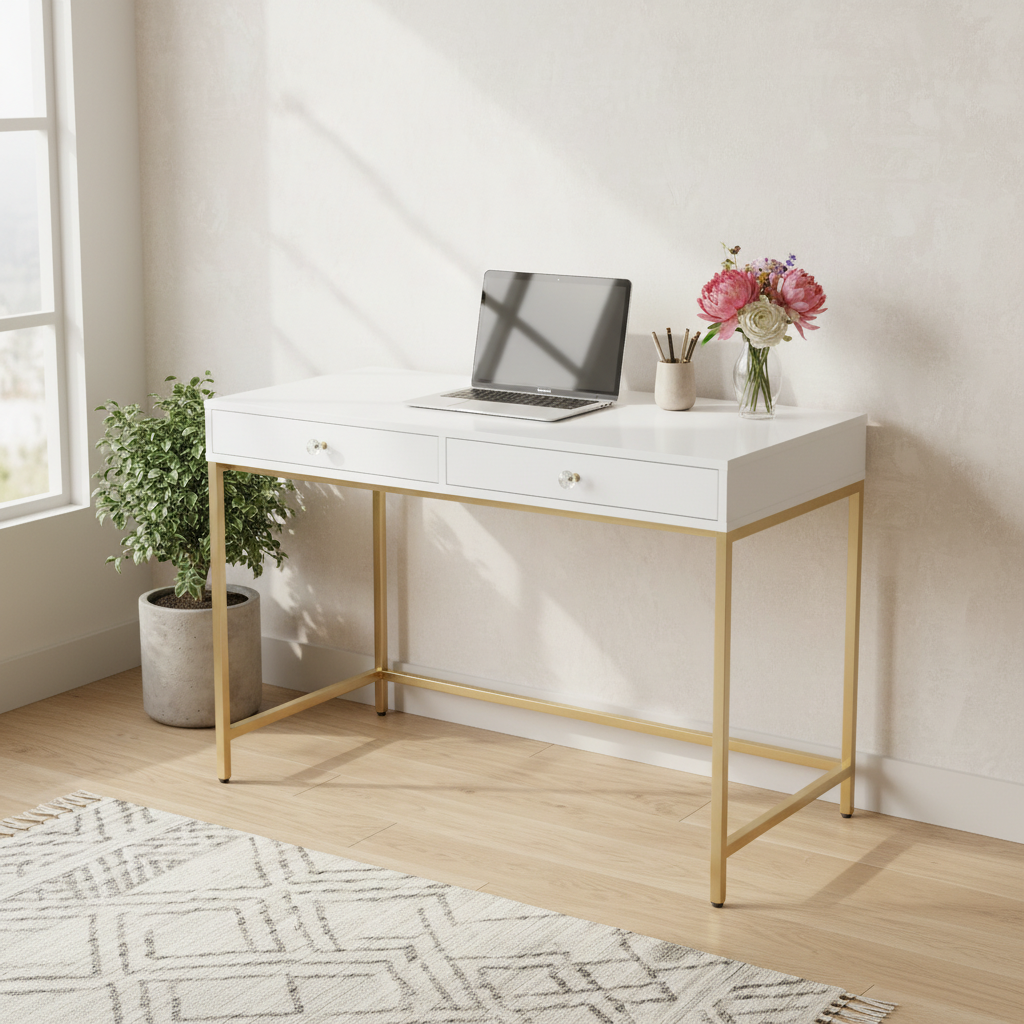 White and gold computer desk with 2 drawers in a bright home office