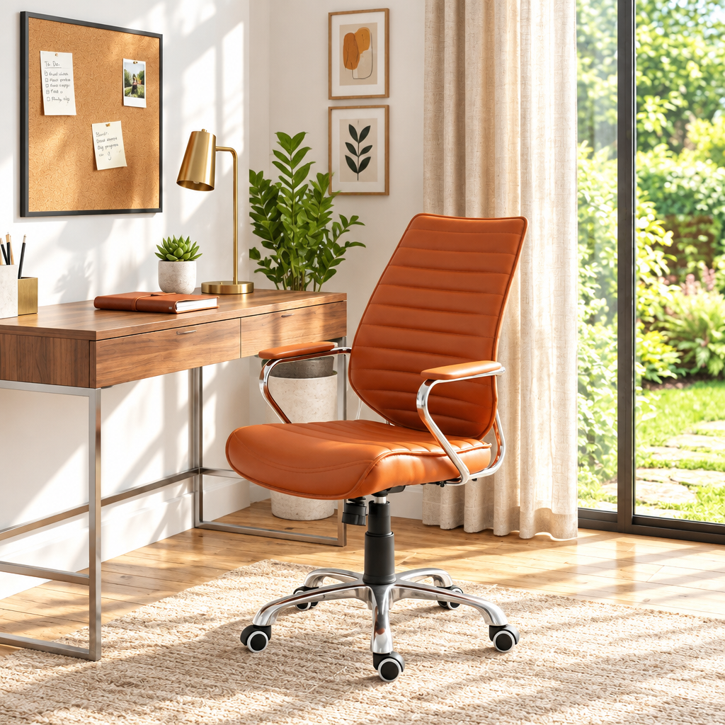 Burnt orange faux leather executive office chair with chrome base in a sunny home office