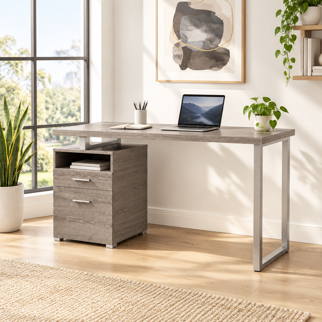 Taupe and silver computer desk with 2 drawers in a bright home office
