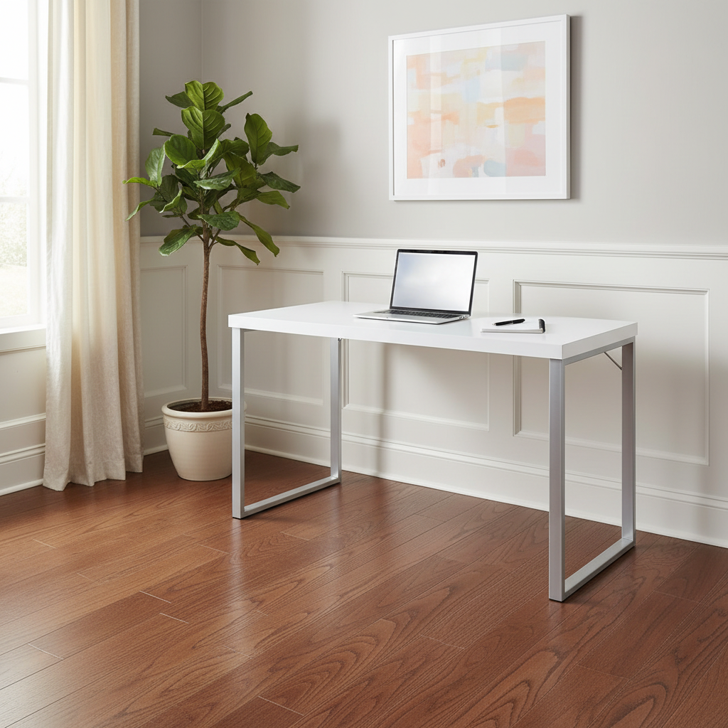 White and silver computer desk in a bright home office