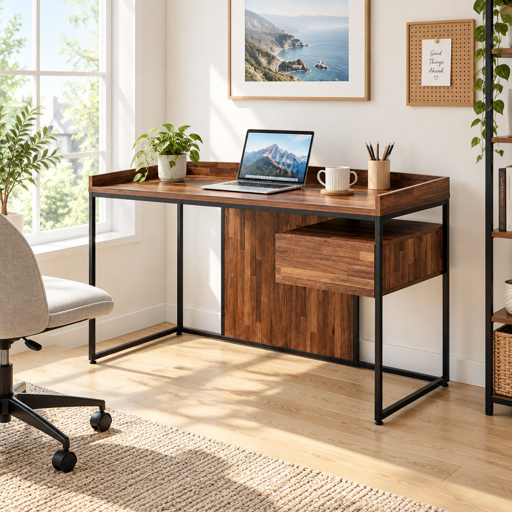 Brown and black computer desk in a bright home office