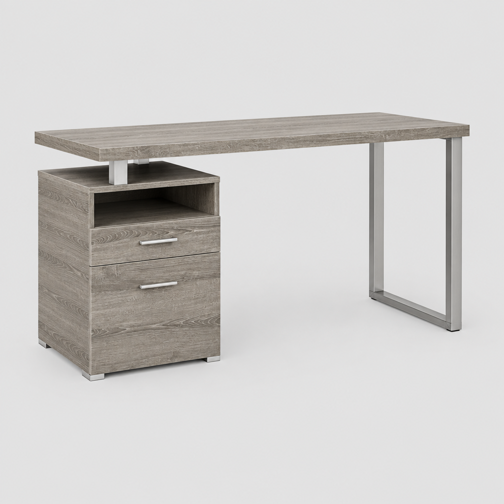 Taupe and silver computer desk with 2 drawers studio photo