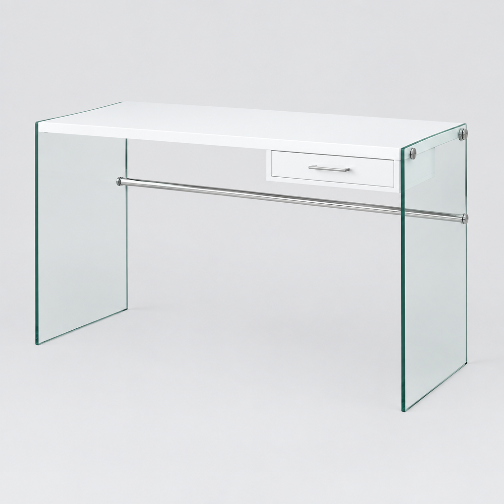 White and clear glass computer desk studio photo