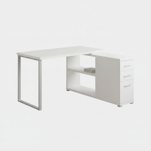 White and silver L-shaped computer desk with 3 drawers studio photo