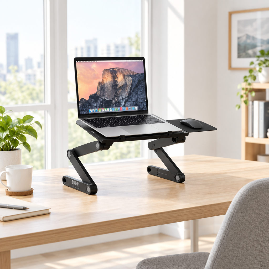Black folding laptop stand with mousepad holding a laptop on a desk in a bright home office