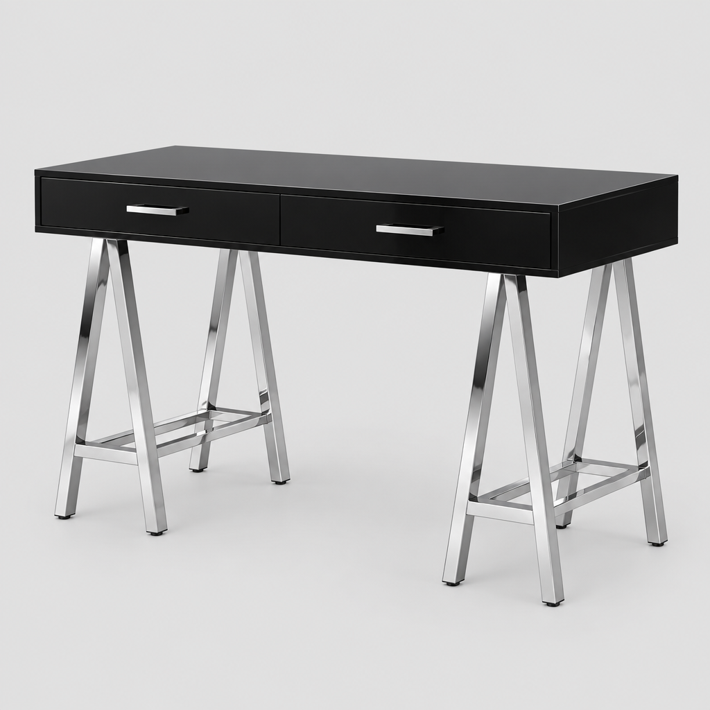 Black and silver writing desk with 2 drawers studio photo