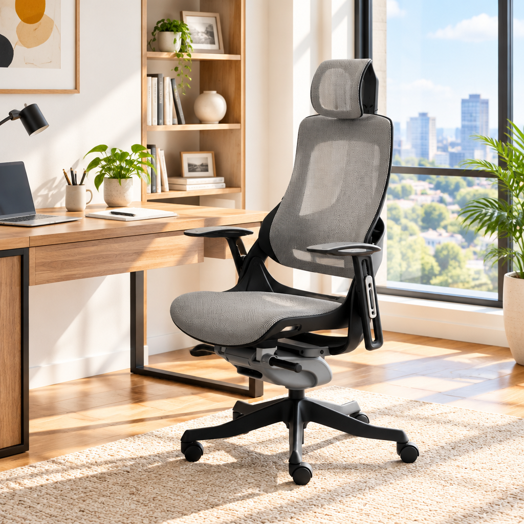 High-back gray mesh executive office chair with black frame in a sunny home office
