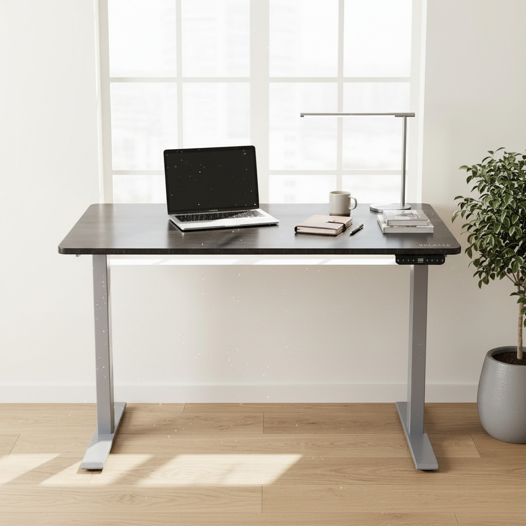 Black and gray adjustable standing desk in a bright home office