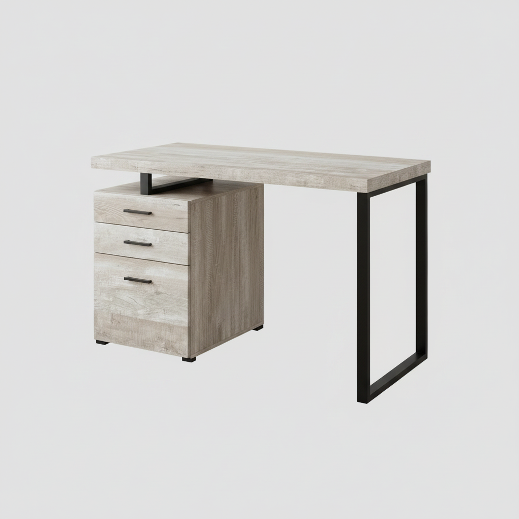 Taupe and black computer desk with 3 drawers studio photo