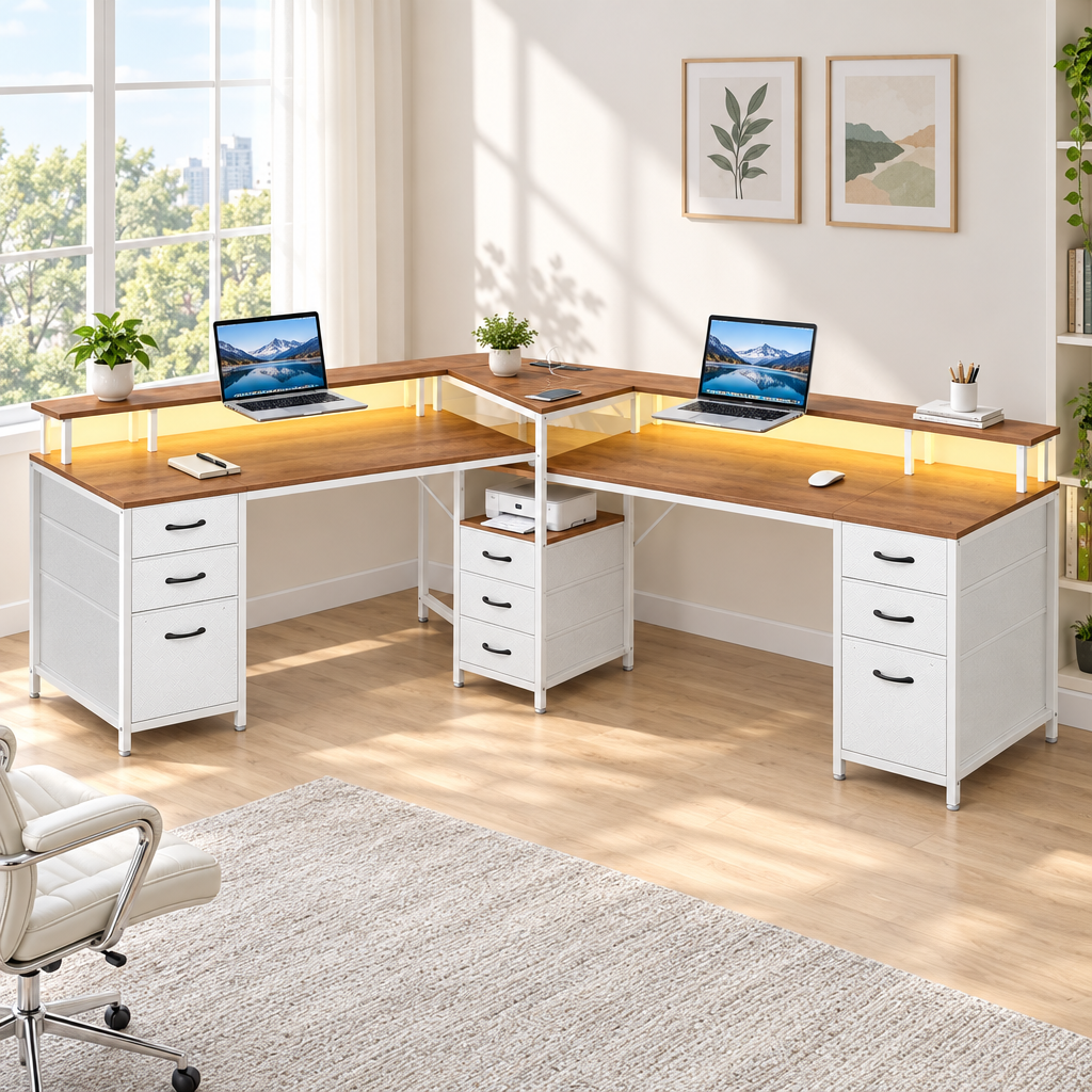 Brown and white two-person computer desk with monitor stand in a bright home office