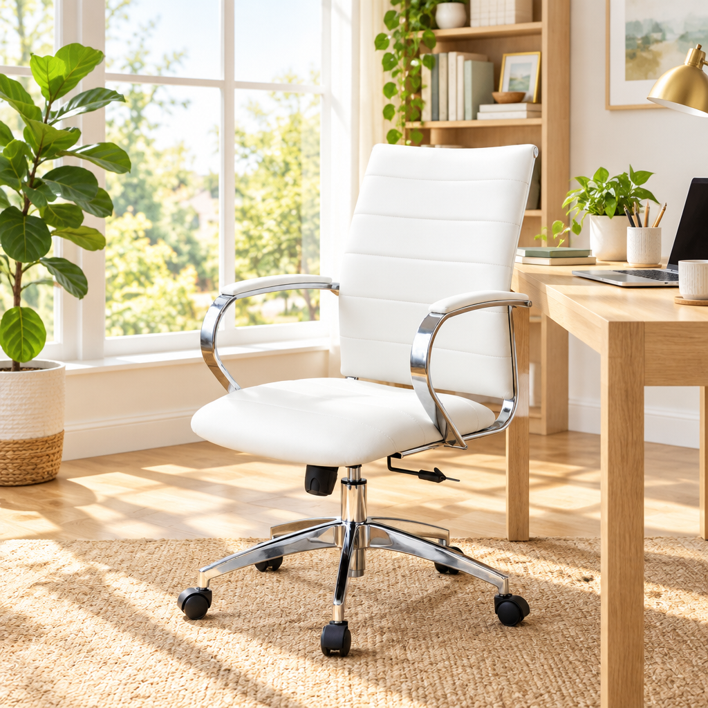 White ribbed faux leather office chair with chrome base in a sunny home office