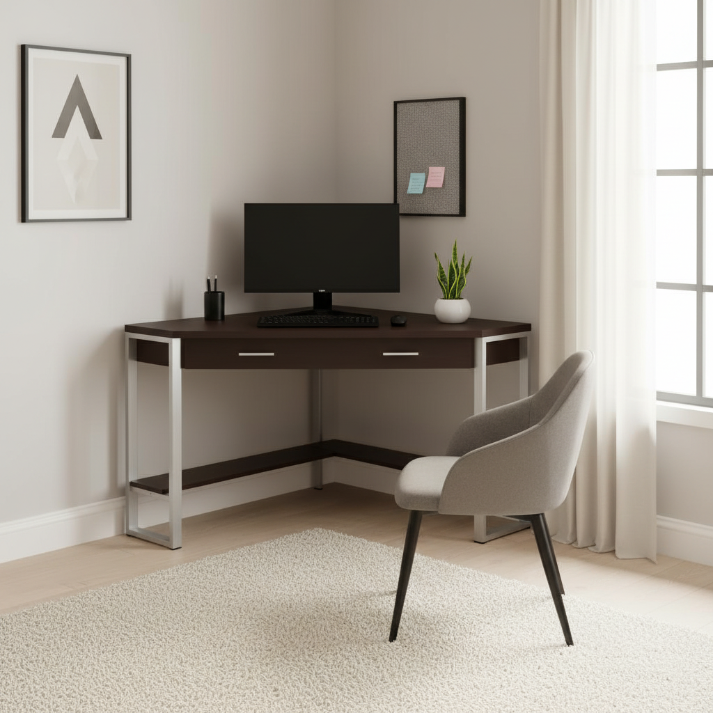 Dark brown and silver corner computer desk in a modern home office