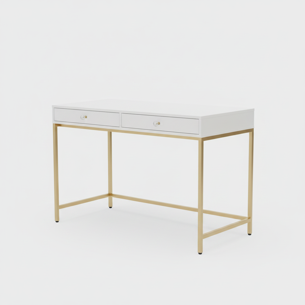 White and gold computer desk with 2 drawers studio photo