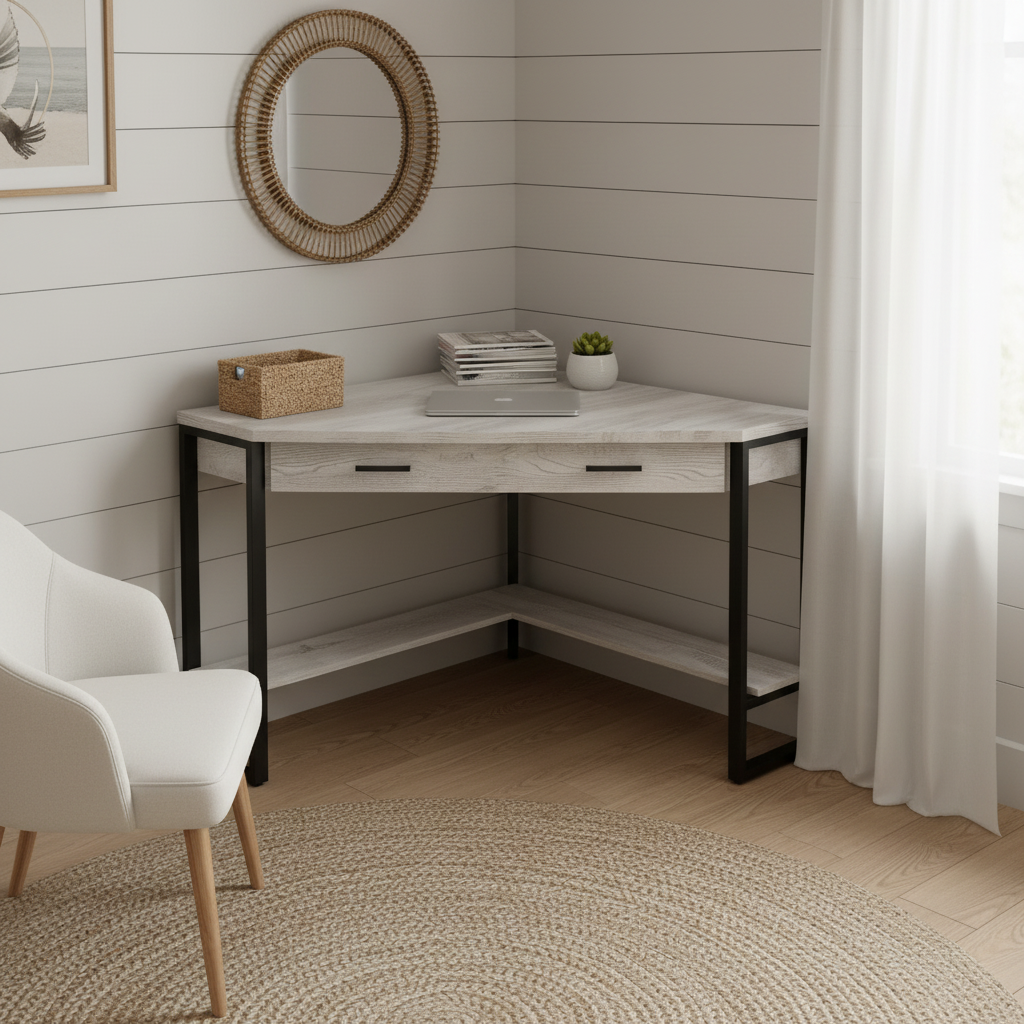 Gray and black corner computer desk in a coastal-style home office