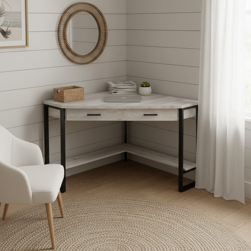 Gray and black corner computer desk in a coastal-style home office